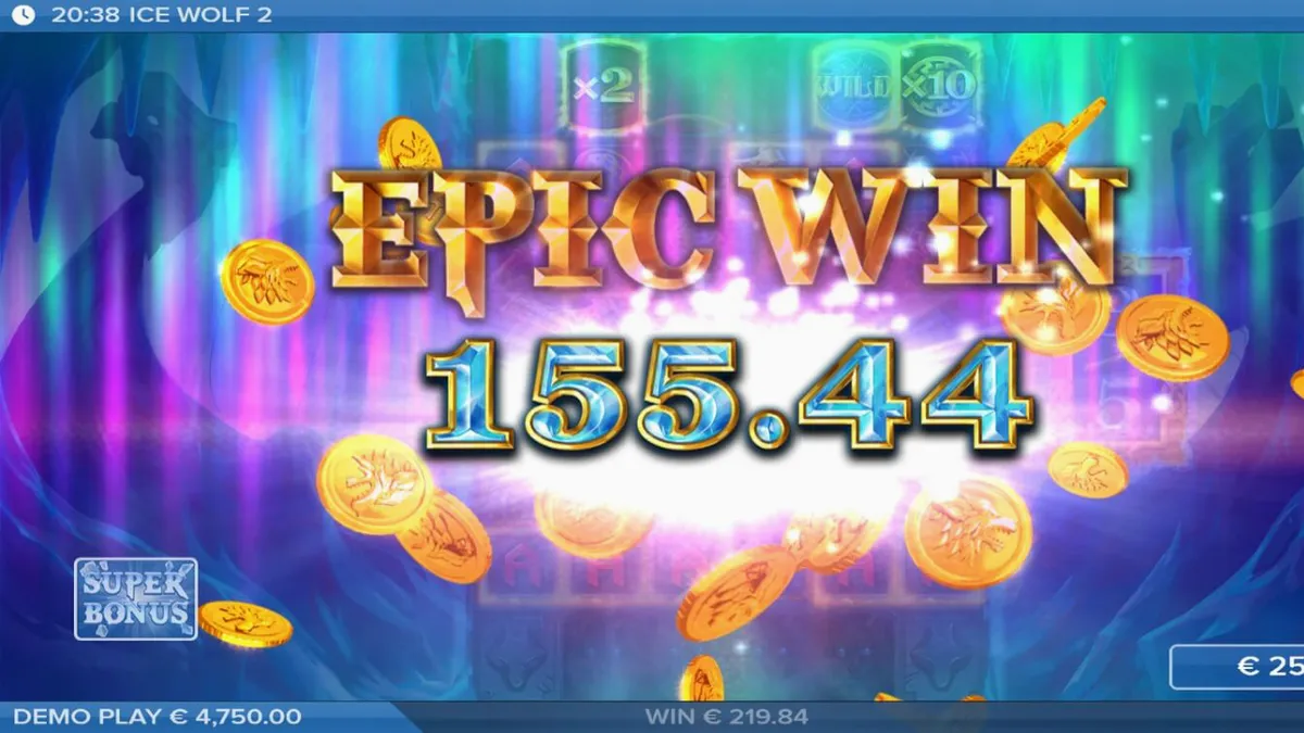 หน้าจอเกมสล็อต Ice Wolf 2 ที่แสดงตารางน้ำแข็งและสัญลักษณ์หมาป่า