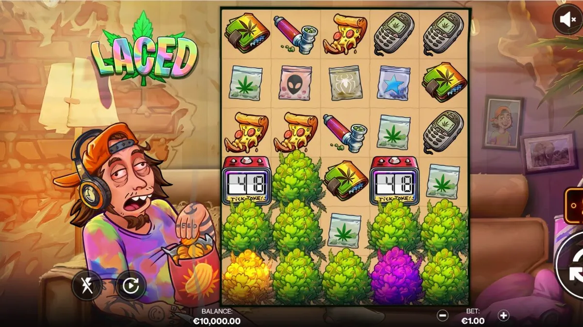 ภาพบรรยากาศภายในเกมสล็อต Laced ที่เต็มไปด้วยความลึกลับและธีมสุดชิลล์