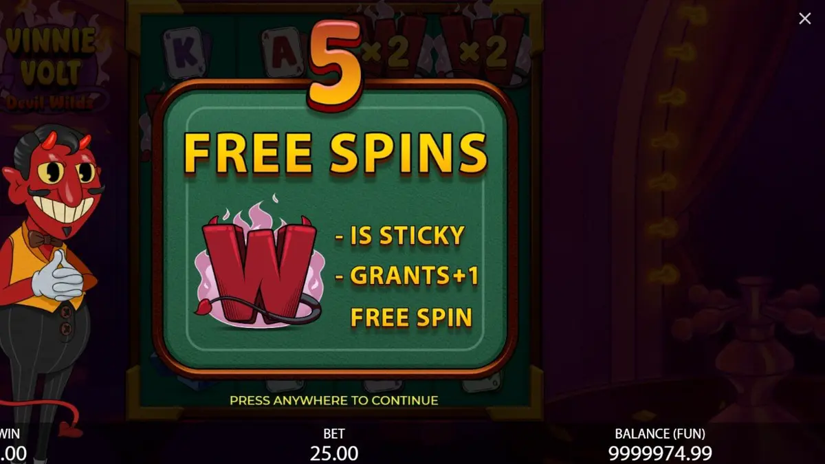 Vinnie Volt: Devil Wilds slot machine interface with cartoon devil theme