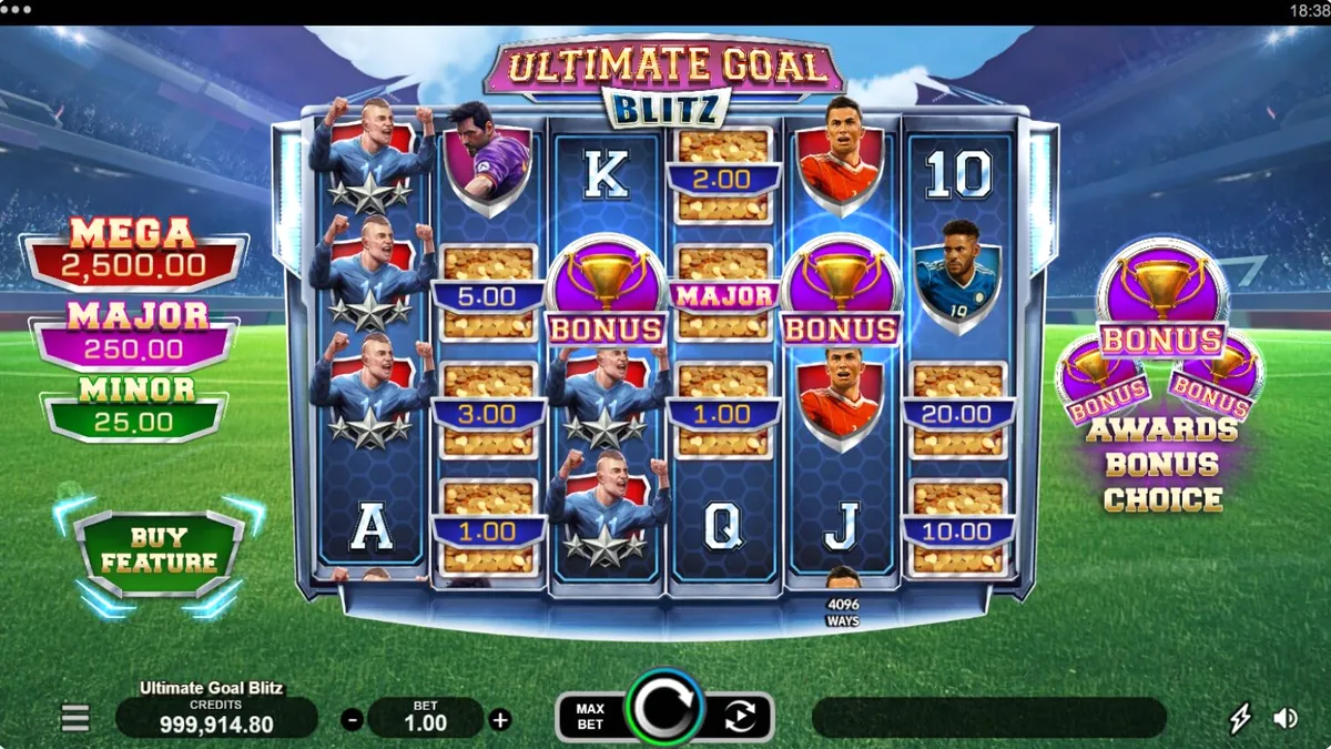 บรรยากาศสนามฟุตบอลในเกมสล็อต Ultimate Goal Blitz