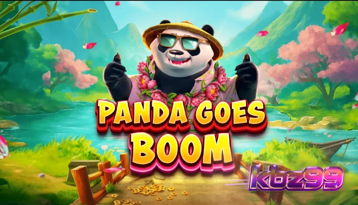 ภาพกราฟิกสล็อต Panda Goes Boom ที่มีแพนด้าและสวนไผ่